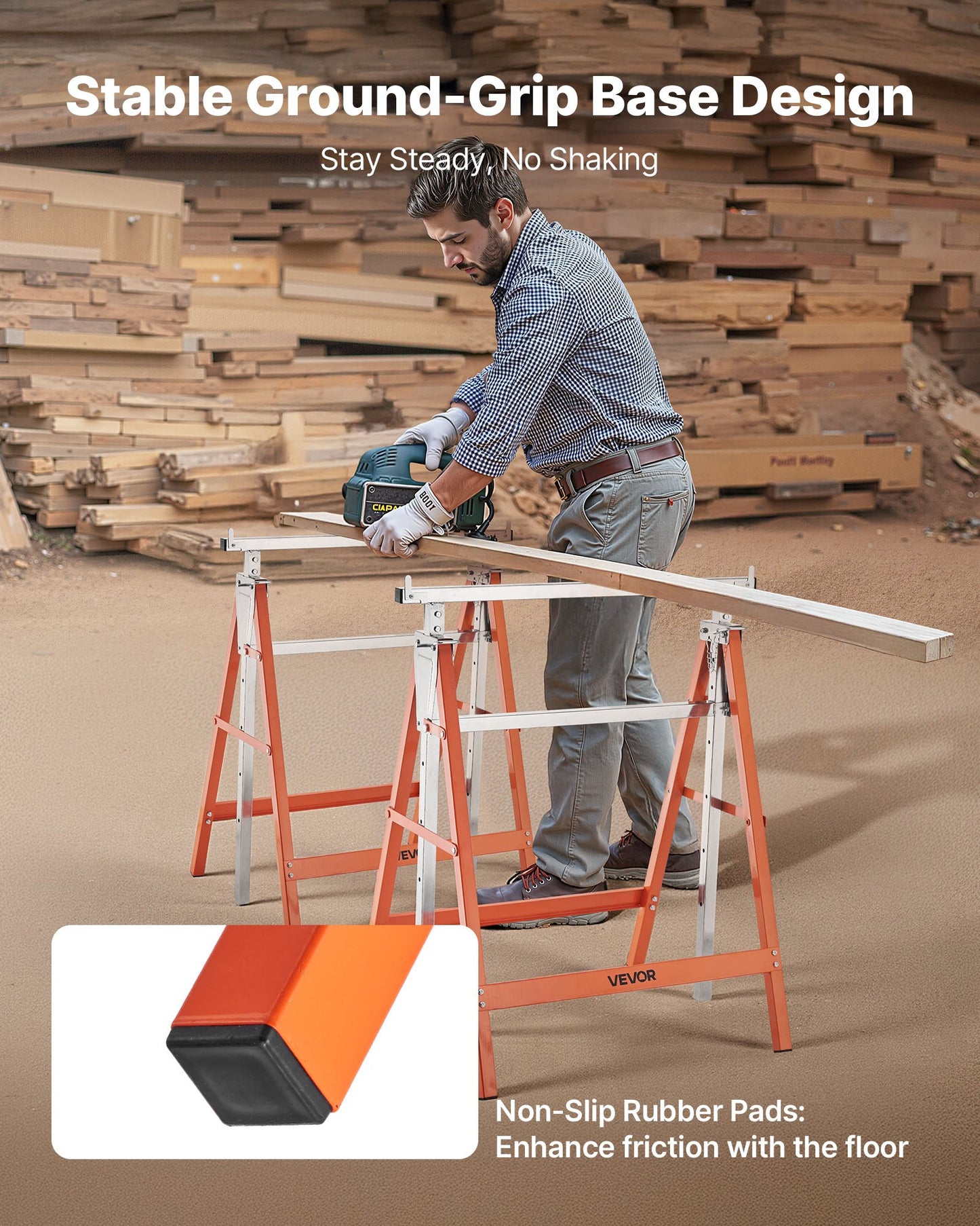 Saw Horses, 2 Pack Folding Work Horses, 440 lbs Load Capacity Sawhorse with Heavy Duty Legs, Adjustable Height Saw Horse with Non-Slip Foot Pads, for Woodworking, Carpenters & Contractors