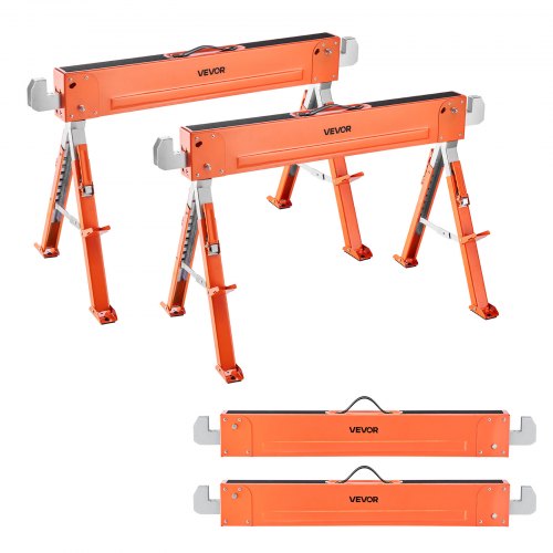 Saw Horses, 2 Pack Folding Work Horses, 1800 lbs Load Capacity Sawhorse with Heavy Duty Legs, Adjustable Height Saw Horse with Non-Slip Foot Pads, for Woodworking, Carpenters & Contractors