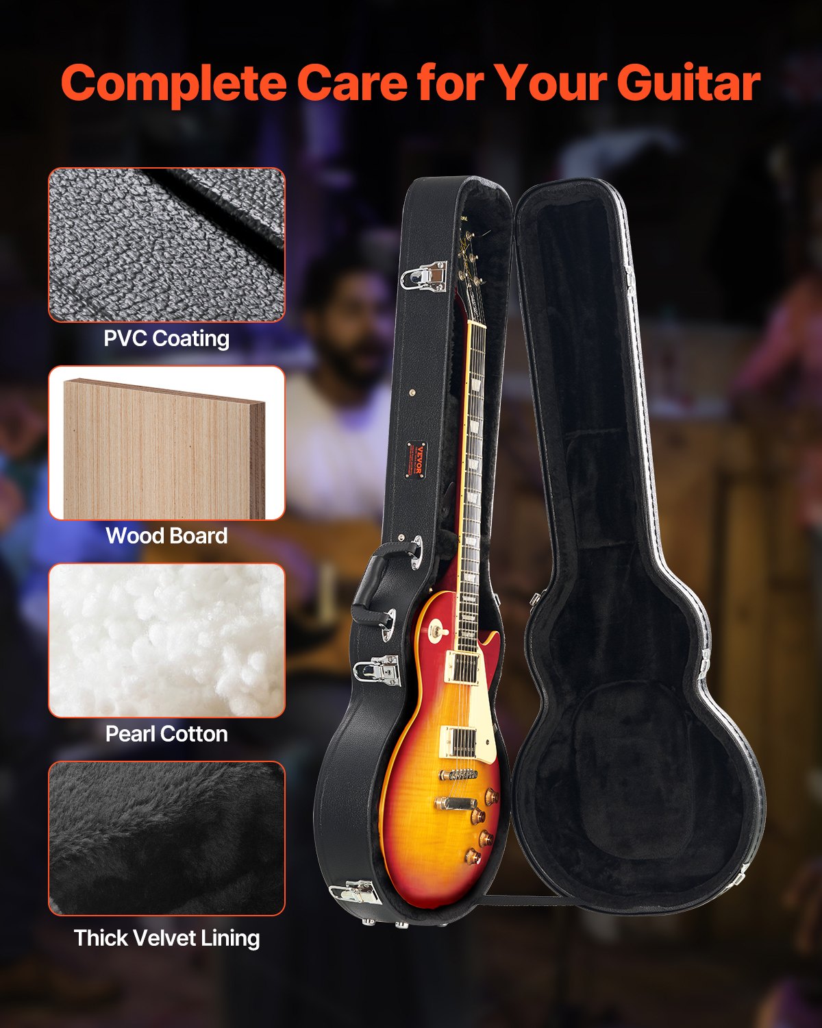 Electric Guitar Hard Case, 41.34 in Gourd-Shaped Guitar Hard Case, With Lock Latch Keys Handle, PVC Padding Soft Lining Water-Resistant Hard Shell Guitar Case, for 39 in LES Paul Guitars, Black