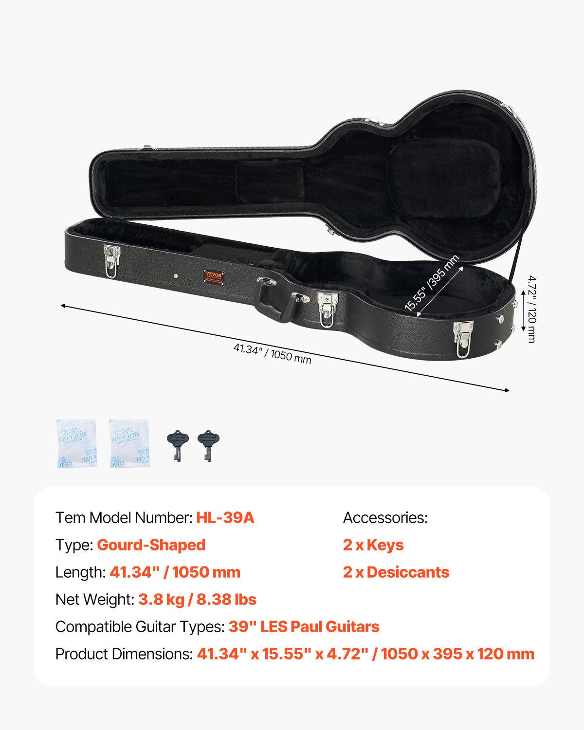 Electric Guitar Hard Case, 41.34 in Gourd-Shaped Guitar Hard Case, With Lock Latch Keys Handle, PVC Padding Soft Lining Water-Resistant Hard Shell Guitar Case, for 39 in LES Paul Guitars, Black