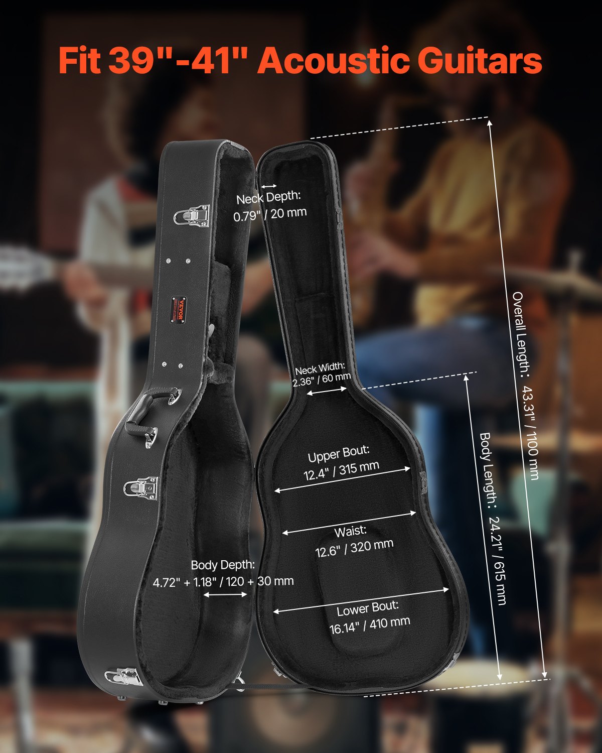 Akustikgitarren-Hartschalenkoffer 110 cm mit Schloss und Schlüsseln für Akustikgitarre