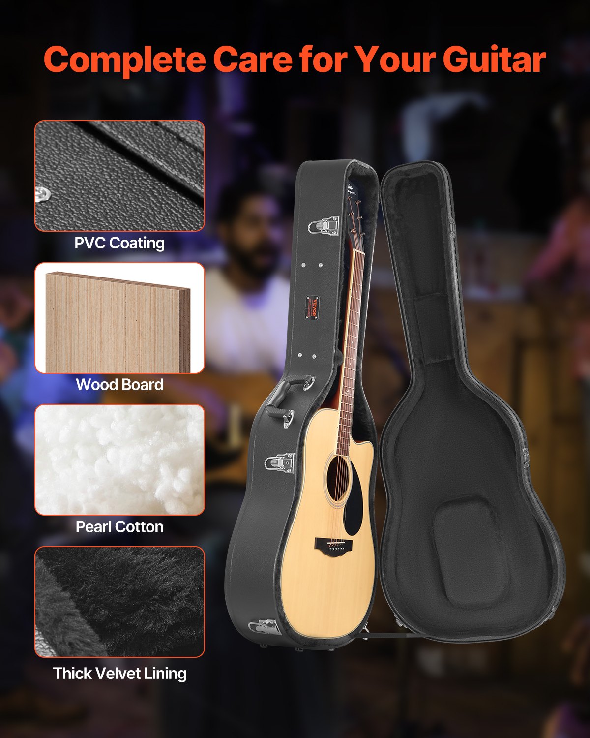 Acoustic Guitar Hard Case, 43.31 in Gourd-Shaped Guitar Hard Case, With Lock Latch Key Handle, PVC Padding Soft Lining Water-Resistant Hard Shell Guitar Case, for 39-41 in Acoustic Guitar, Black