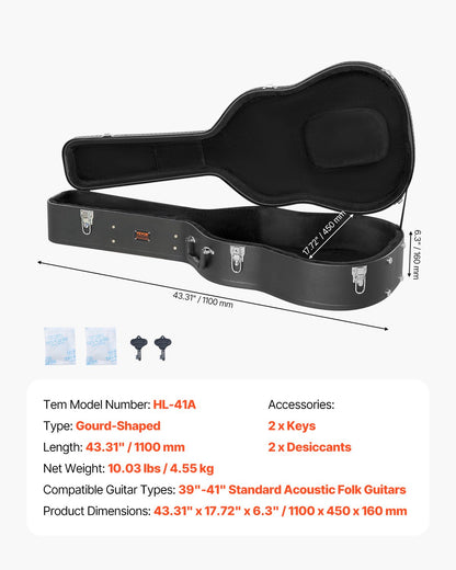 Acoustic Guitar Hard Case, 43.31 in Gourd-Shaped Guitar Hard Case, With Lock Latch Key Handle, PVC Padding Soft Lining Water-Resistant Hard Shell Guitar Case, for 39-41 in Acoustic Guitar, Black