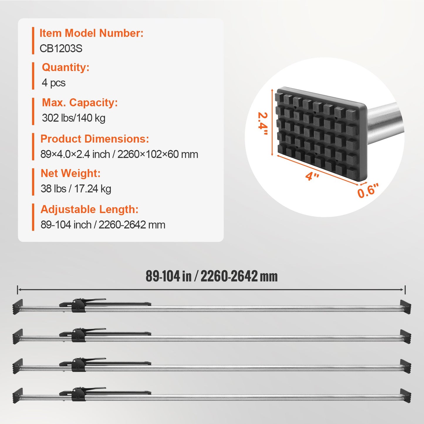 Laststång, spärrbar laststång Justerbar från 89" till 104", Kraftig stållaststabilisator med kapacitet på 309 lbs, laststång för lastbilsflak för lastbilsflak, släp, semitrailer (4 st)