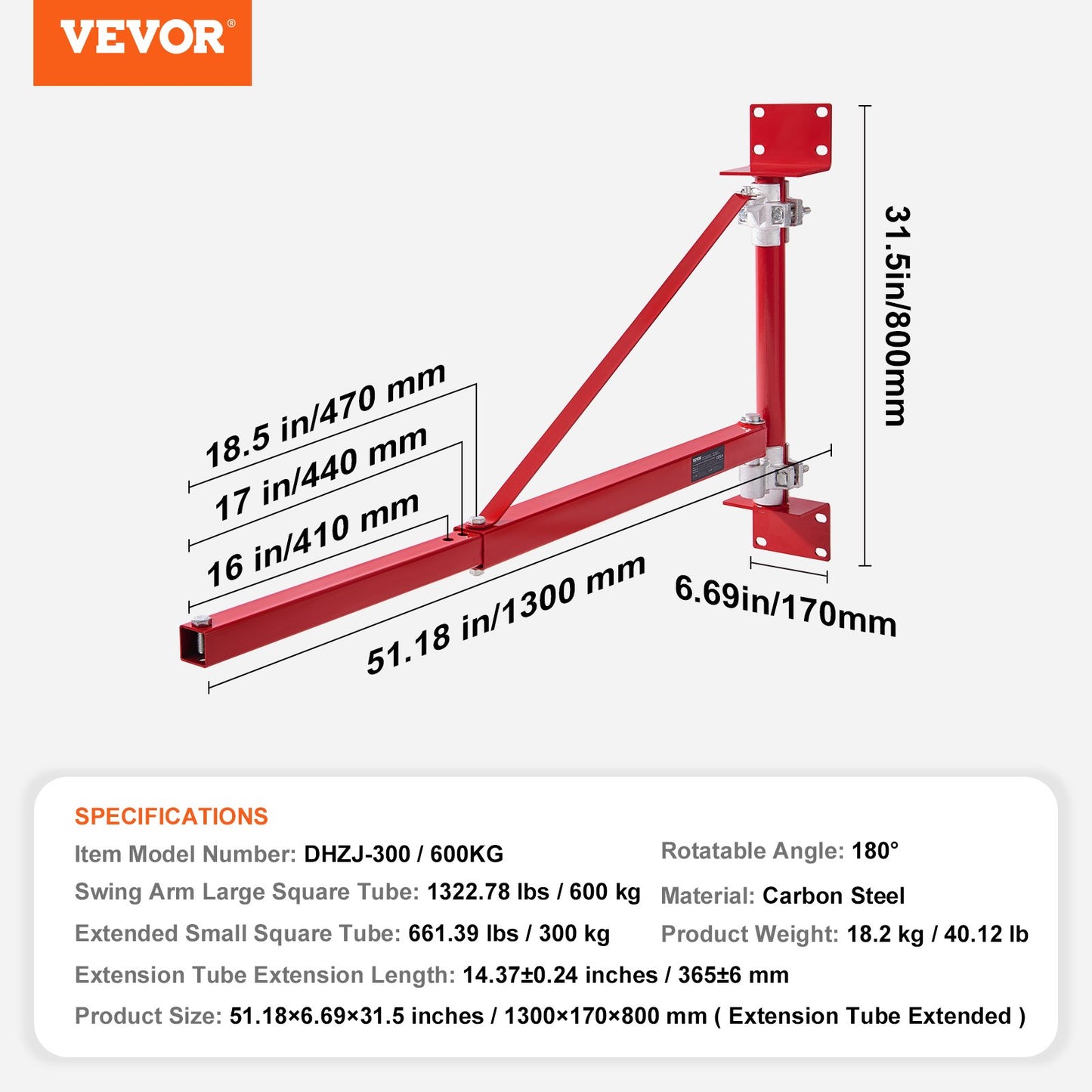 Electric Hoist Support Arm, 1320 lbs Max Load Capacity, Electric Hoist Holder Swing Arm with Pole, Steel Hoist Frame, 180° Swivel Scaffold Hoist Lifting Arm, Winch Hoist Arm for Workshop, Garage