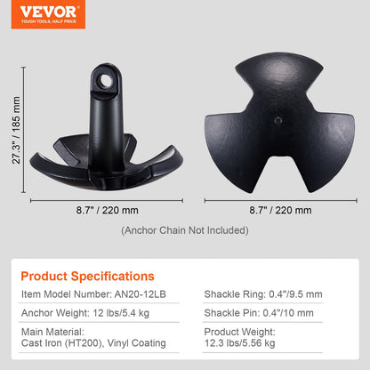 River Anchor, 12 LBS Boat Anchor Cast Iron Black Vinyl-Coated with Shackle, Marine Grade Mushroom Anchor for Boats Up To 10 ft, Impressive Holding Power in River and Mud Bottom Lakes
