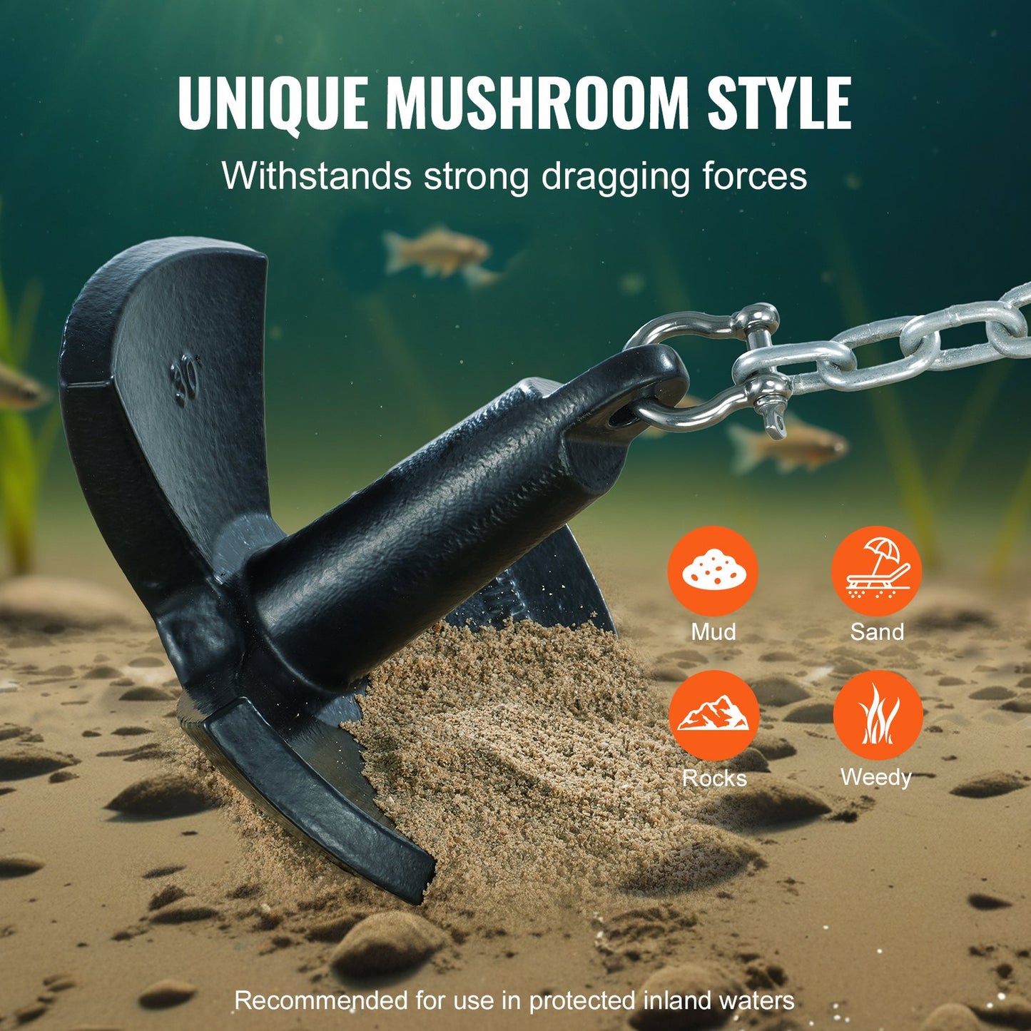 River Anchor, 30 LBS Boat Anchor Cast Iron Black Vinyl-Coated, Marine Grade Mushroom Anchor for Boats Up To 30 ft, Impressive Holding Power in River and Mud Bottom Lakes