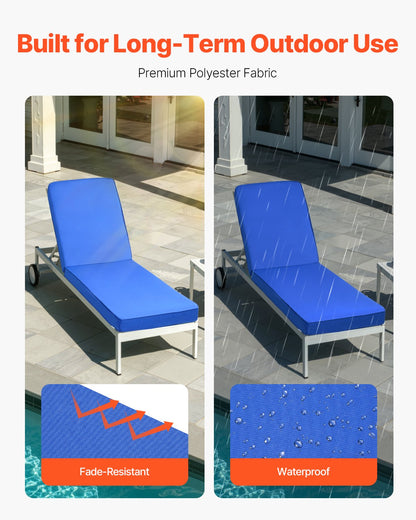 Chaise Lounge Cushion, 72 x 21 x 3 in, Outdoor Lounge Chair Cushions, Waterproof & Fade-Resistant, Sun Lounger Replacement Cushions with Ties, Patio Lounger Pads for Pool Deck Lawn, Blue