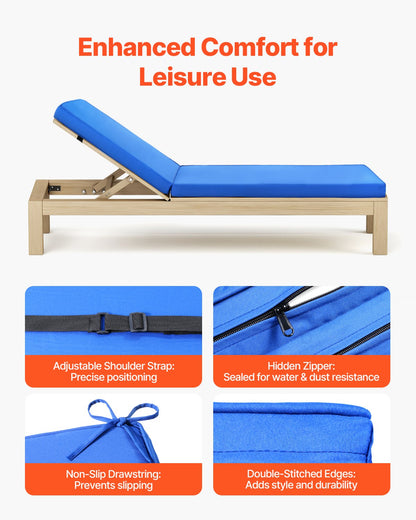 Chaise Lounge Cushion, 72 x 21 x 3 in, Outdoor Lounge Chair Cushions, Waterproof & Fade-Resistant, Sun Lounger Replacement Cushions with Ties, Patio Lounger Pads for Pool Deck Lawn, Blue