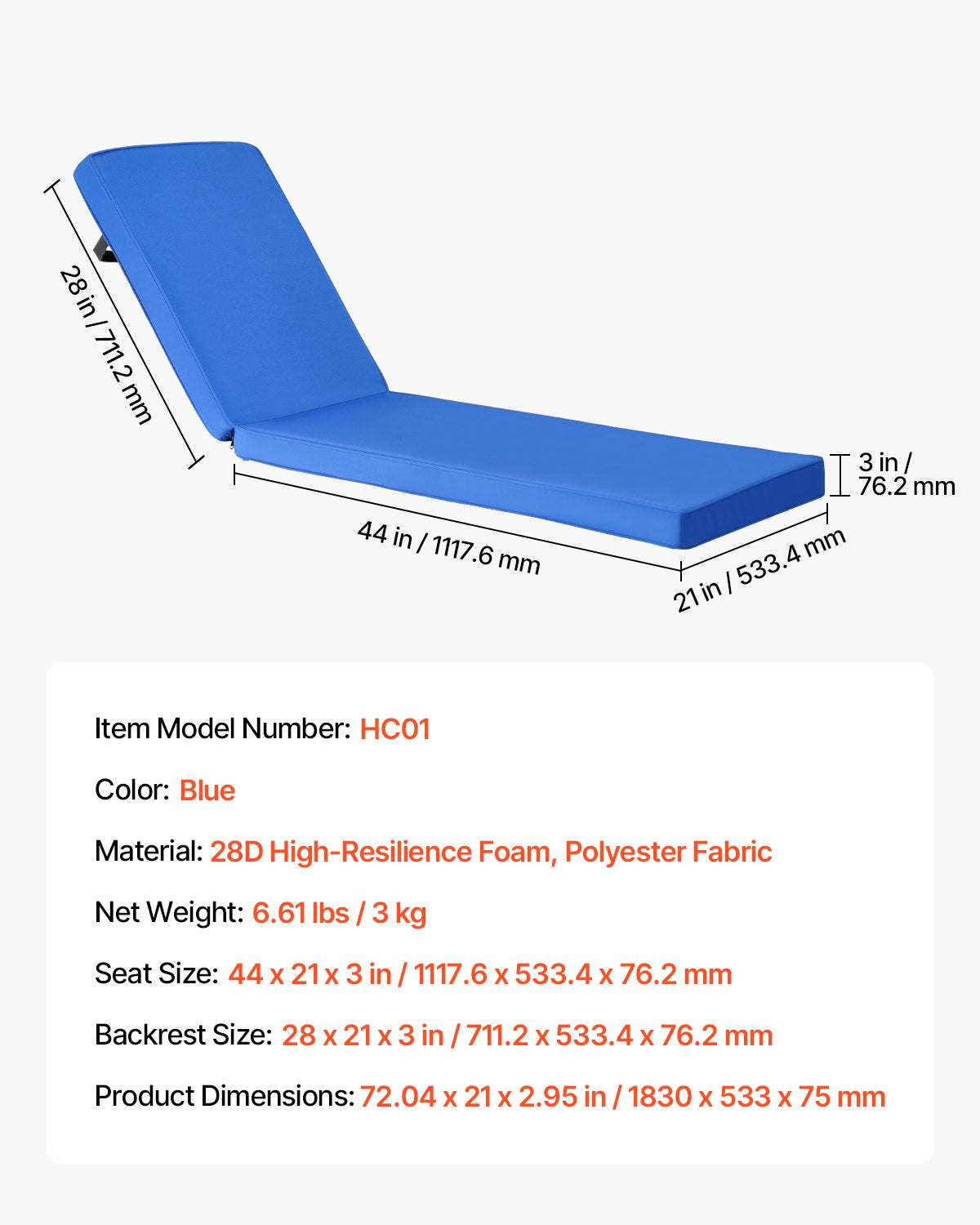 Chaise Lounge Cushion, 72 x 21 x 3 in, Outdoor Lounge Chair Cushions, Waterproof & Fade-Resistant, Sun Lounger Replacement Cushions with Ties, Patio Lounger Pads for Pool Deck Lawn, Blue