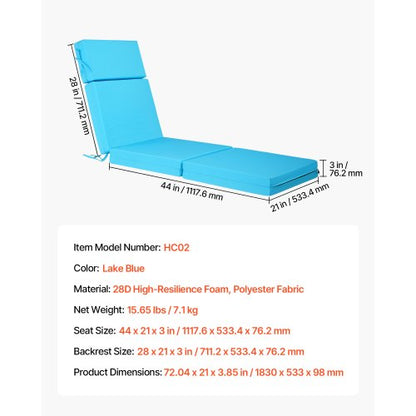 Set of 2 outdoor chaise lounge cushions, 190 x 51 cm, waterproof, thick | EU