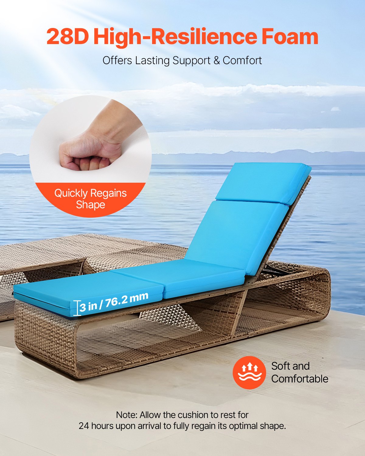 Chaise Lounge Cushion, 72 x 21 x 4 in, Set of 2 Outdoor Lounge Chair Cushions, Waterproof & Fade-Resistant, Sun Lounger Cushions with Ties, Thick Patio Lounger Pads for Pool Deck, Teal Color