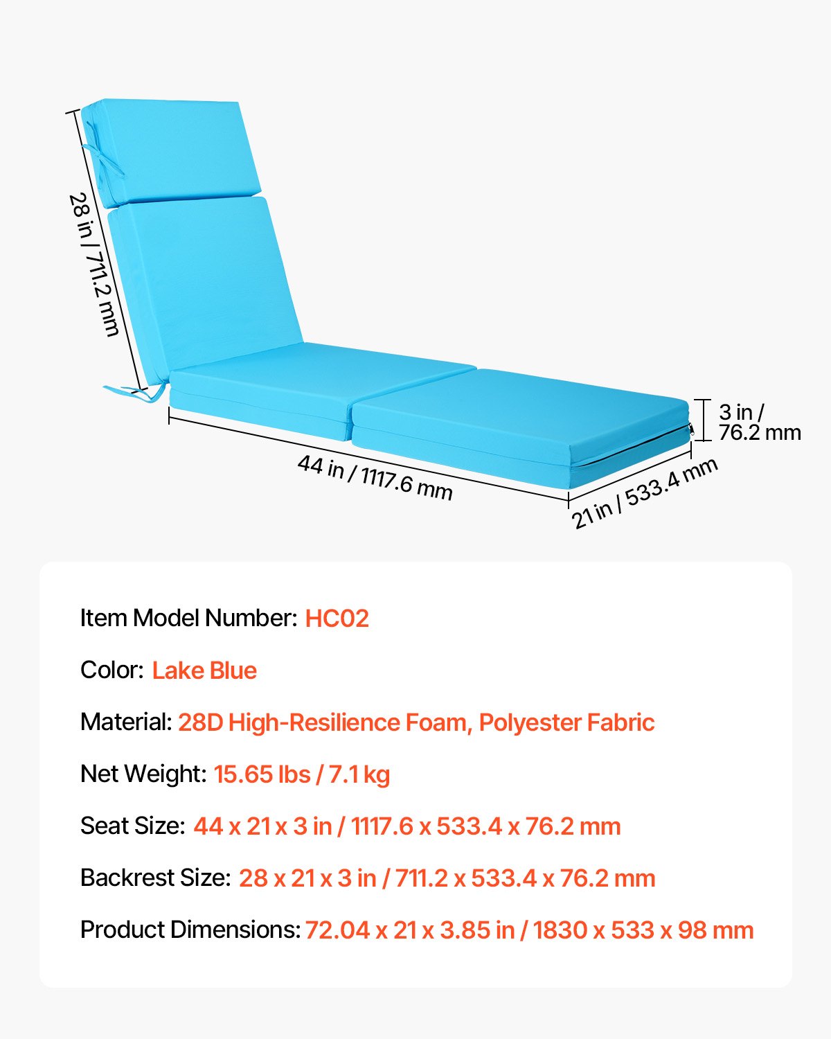 Chaise Lounge Cushion, 72 x 21 x 4 in, Set of 2 Outdoor Lounge Chair Cushions, Waterproof & Fade-Resistant, Sun Lounger Cushions with Ties, Thick Patio Lounger Pads for Pool Deck, Teal Color