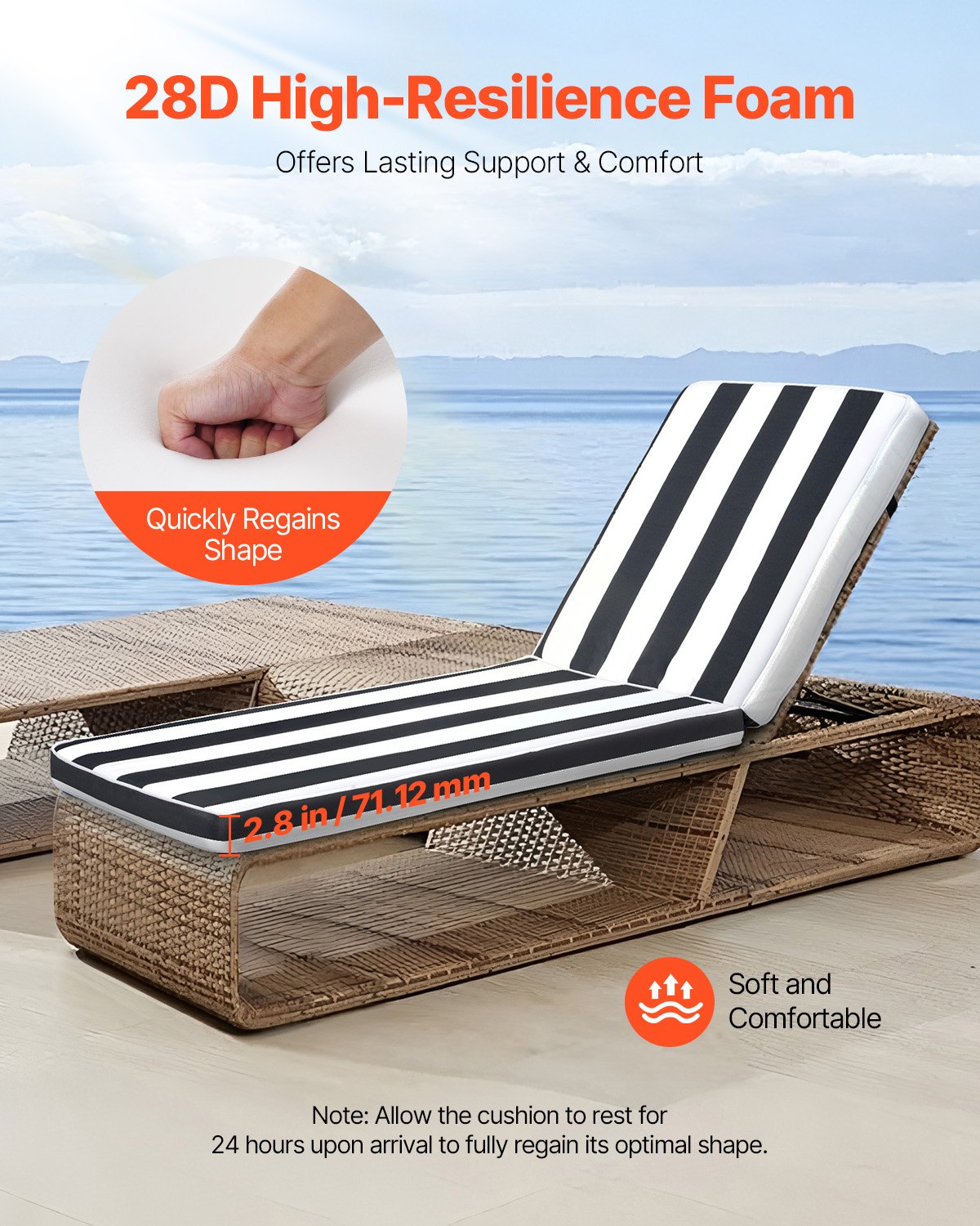Chaise Lounge Cushion, 74 x 22 x 3 in, Set of 2 Outdoor Lounge Chair Cushions, Waterproof & Fade-Resistant Sun Lounger Cushions with Ties, Patio Lounger Pads for Pool Deck, Black & White Stripes