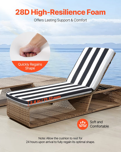 Chaise Lounge Cushion, 74 x 22 x 3 in, Set of 2 Outdoor Lounge Chair Cushions, Waterproof & Fade-Resistant Sun Lounger Cushions with Ties, Patio Lounger Pads for Pool Deck, Black & White Stripes