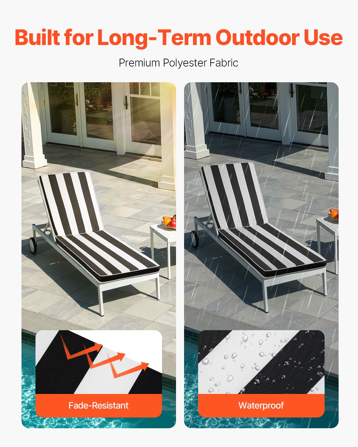 Chaise Lounge Cushion, 74 x 22 x 3 in, Set of 2 Outdoor Lounge Chair Cushions, Waterproof & Fade-Resistant Sun Lounger Cushions with Ties, Patio Lounger Pads for Pool Deck, Black & White Stripes