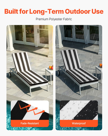Chaise Lounge Cushion, 74 x 22 x 3 in, Set of 2 Outdoor Lounge Chair Cushions, Waterproof & Fade-Resistant Sun Lounger Cushions with Ties, Patio Lounger Pads for Pool Deck, Black & White Stripes