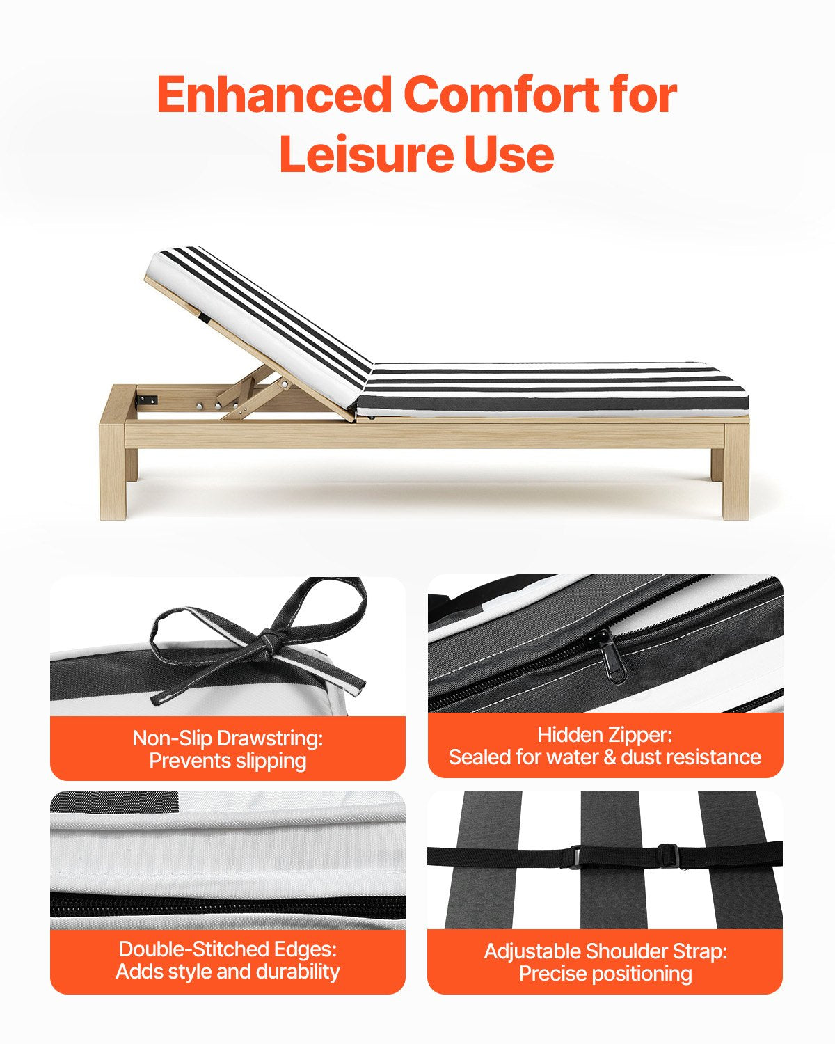 Chaise Lounge Cushion, 74 x 22 x 3 in, Set of 2 Outdoor Lounge Chair Cushions, Waterproof & Fade-Resistant Sun Lounger Cushions with Ties, Patio Lounger Pads for Pool Deck, Black & White Stripes