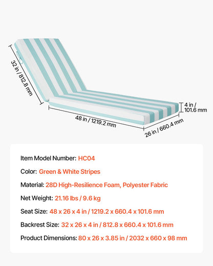 Chaise Lounge Cushion, 80 x 26 x 4 in, Set of 2 Outdoor Lounge Chair Cushions, Waterproof & Fade-Resistant Sun Lounger Cushions with Ties, Patio Lounger Pads for Pool Deck, Green & White Stripes
