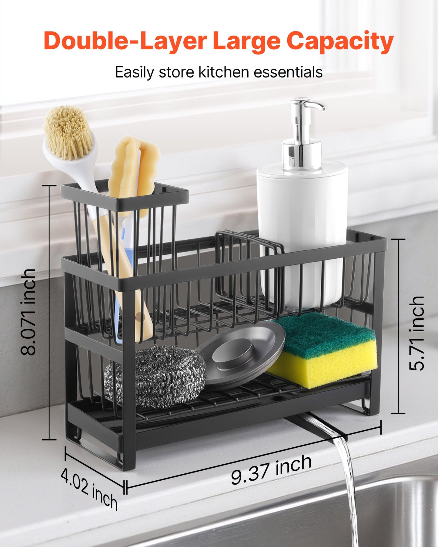 Kitchen Sink Caddy Organizer, 2 Tier Sponge Holder for Kitchen Sink with High Brush Holder & Divider, Storage Rack with Rotatable Drainage Spout, Countertop Organizers and Storage Essentials