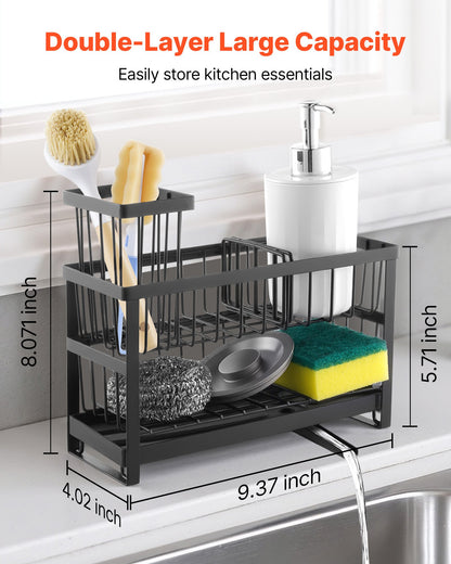 Kitchen Sink Caddy Organizer, 2 Tier Sponge Holder for Kitchen Sink with High Brush Holder & Divider, Storage Rack with Rotatable Drainage Spout, Countertop Organizers and Storage Essentials