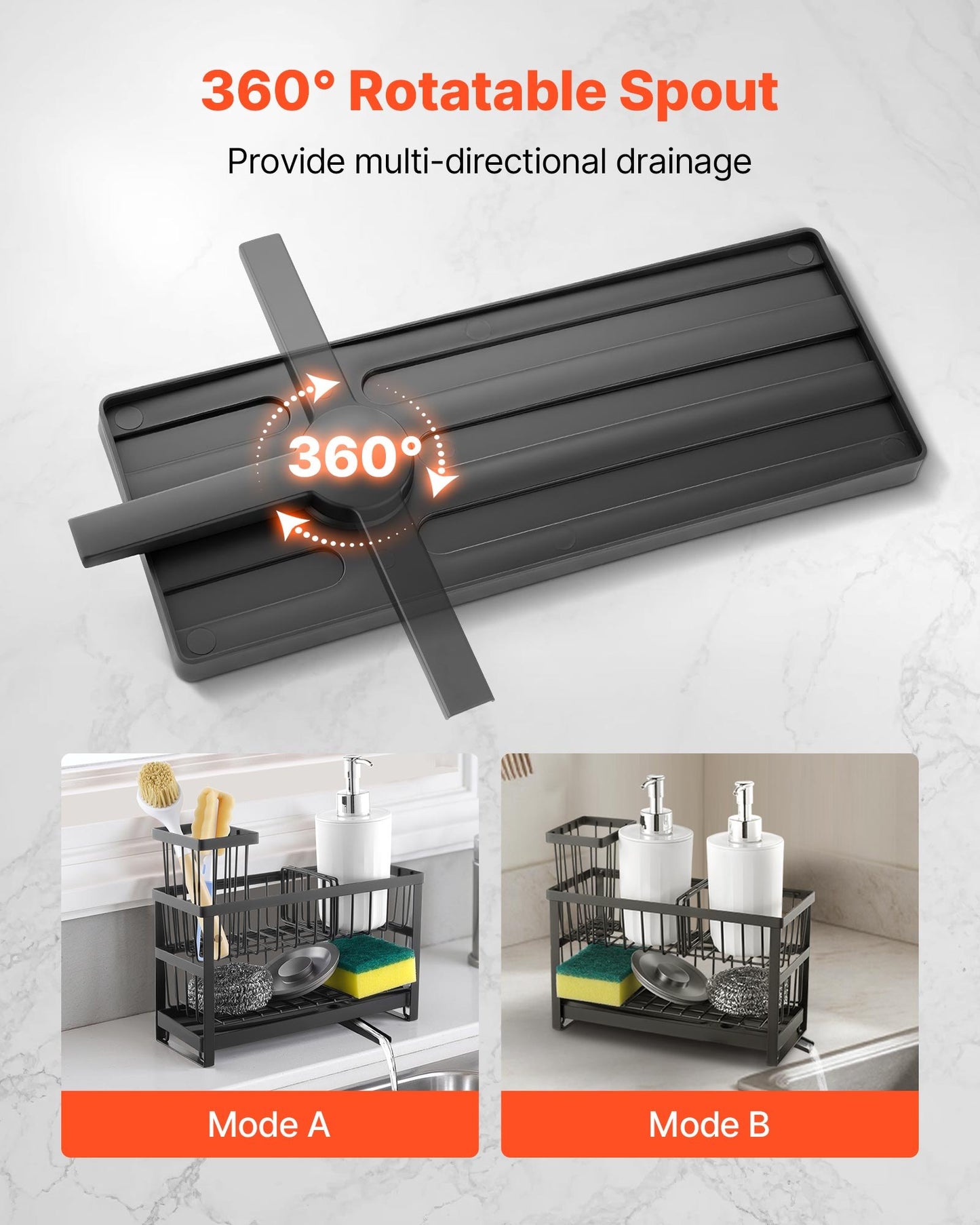 Kitchen Sink Caddy Organizer, 2 Tier Sponge Holder for Kitchen Sink with High Brush Holder & Divider, Storage Rack with Rotatable Drainage Spout, Countertop Organizers and Storage Essentials