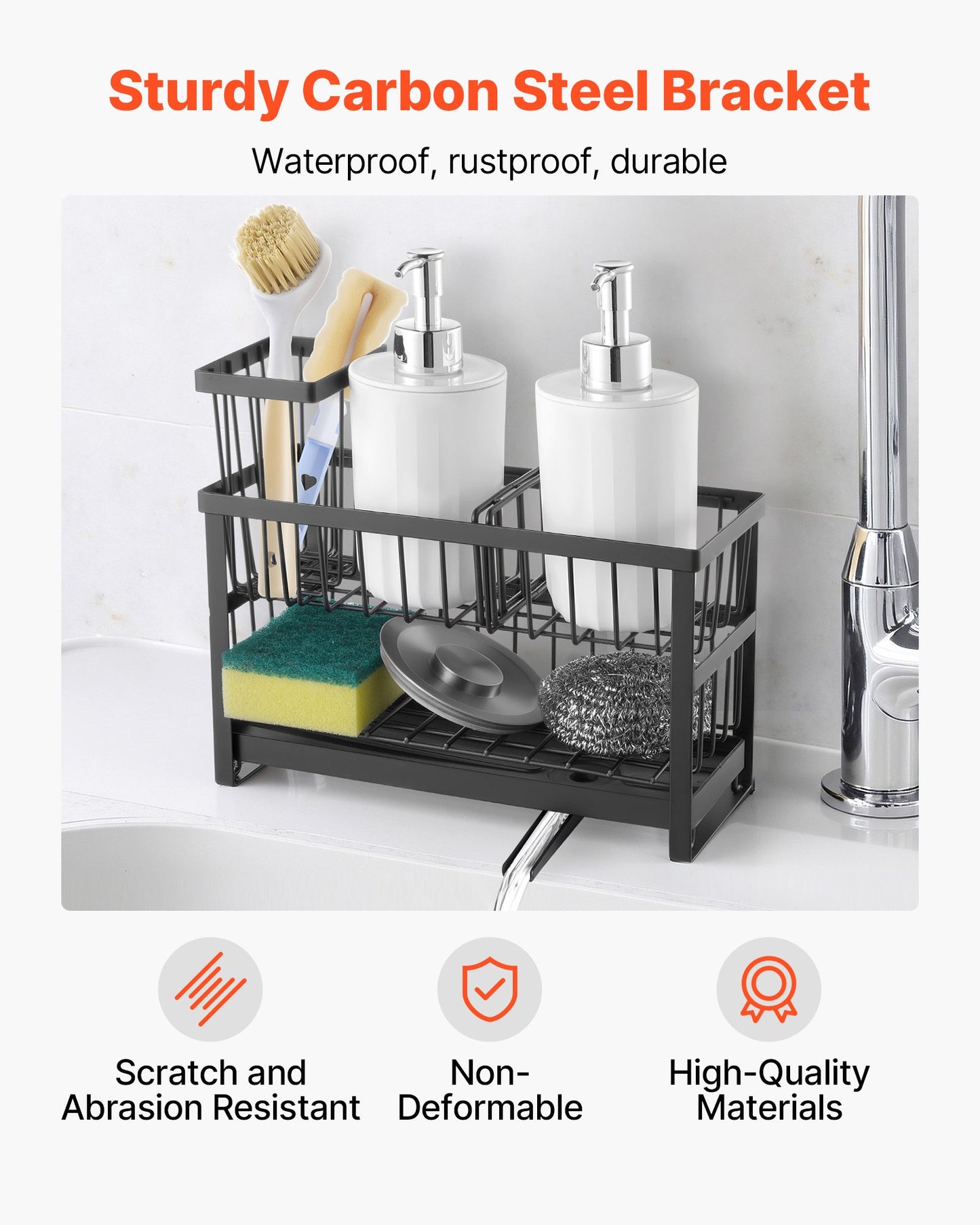 Kitchen Sink Caddy Organizer, 2 Tier Sponge Holder for Kitchen Sink with High Brush Holder & Divider, Storage Rack with Rotatable Drainage Spout, Countertop Organizers and Storage Essentials