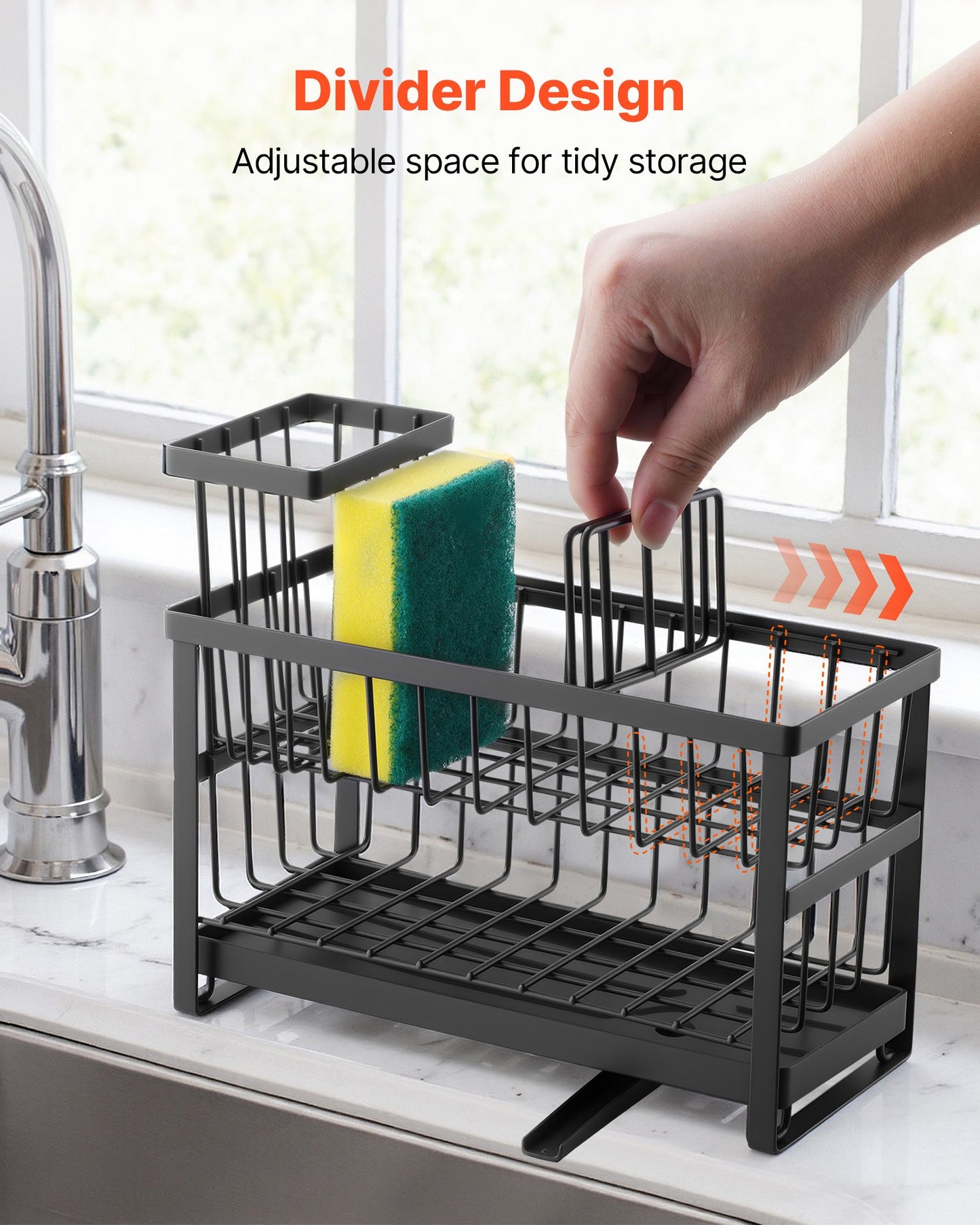 Kitchen Sink Caddy Organizer, 2 Tier Sponge Holder for Kitchen Sink with High Brush Holder & Divider, Storage Rack with Rotatable Drainage Spout, Countertop Organizers and Storage Essentials