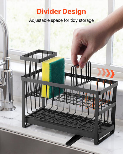 Kitchen Sink Caddy Organizer, 2 Tier Sponge Holder for Kitchen Sink with High Brush Holder & Divider, Storage Rack with Rotatable Drainage Spout, Countertop Organizers and Storage Essentials