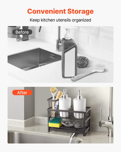 Kitchen Sink Caddy Organizer, 2 Tier Sponge Holder for Kitchen Sink with High Brush Holder & Divider, Storage Rack with Rotatable Drainage Spout, Countertop Organizers and Storage Essentials