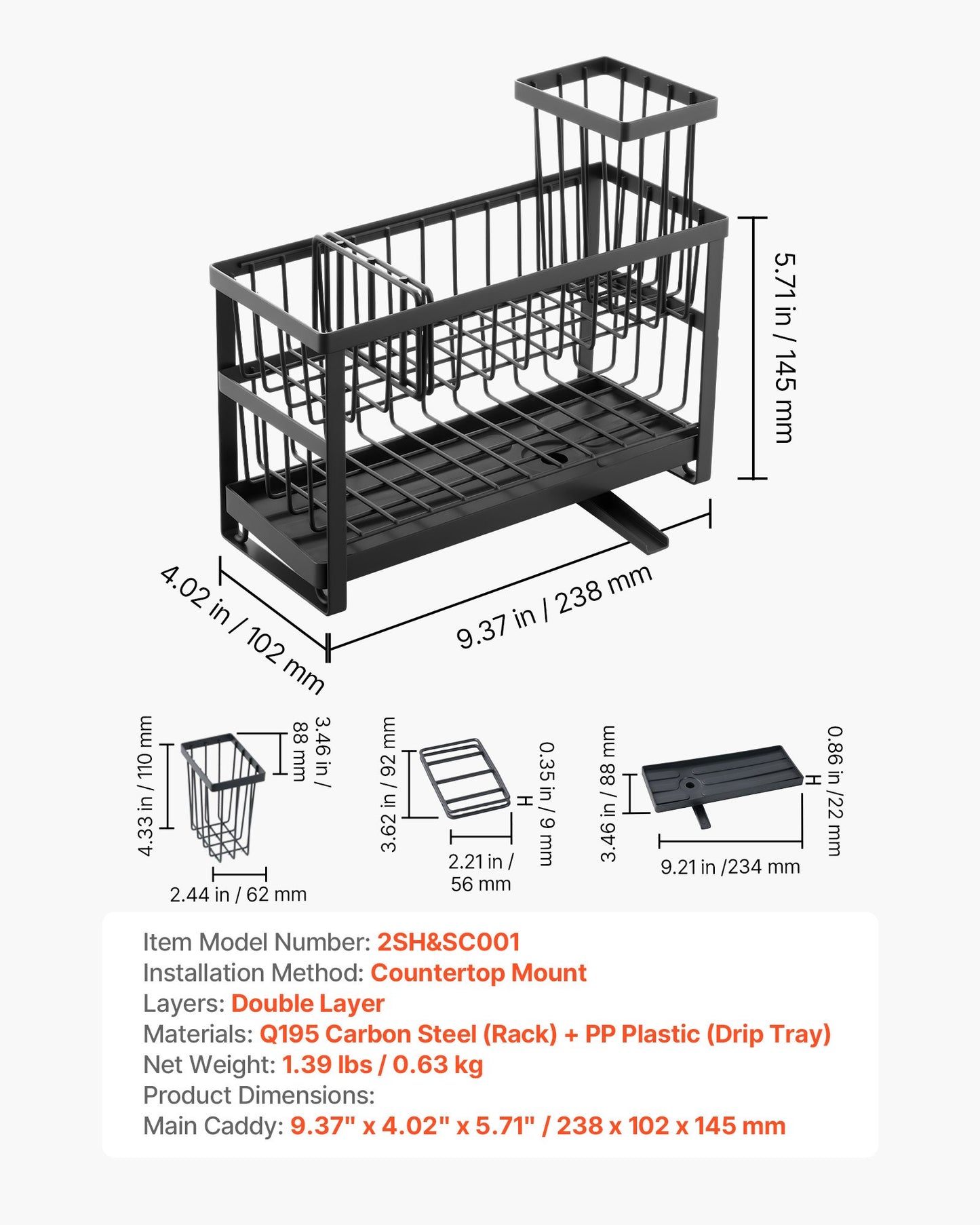 Kitchen Sink Caddy Organizer, 2 Tier Sponge Holder for Kitchen Sink with High Brush Holder & Divider, Storage Rack with Rotatable Drainage Spout, Countertop Organizers and Storage Essentials