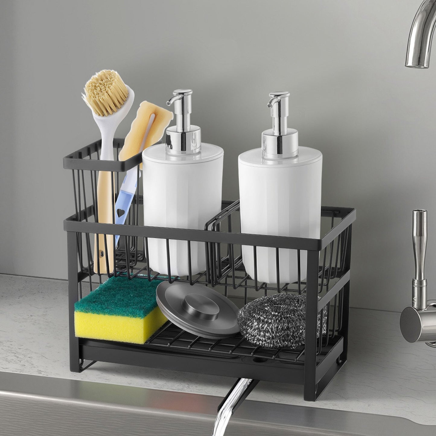 Kitchen Sink Caddy Organizer, 2 Tier Sponge Holder for Kitchen Sink with High Brush Holder & Divider, Storage Rack with Rotatable Drainage Spout, Countertop Organizers and Storage Essentials