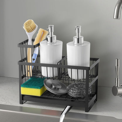 Kitchen Sink Caddy Organizer, 2 Tier Sponge Holder for Kitchen Sink with High Brush Holder & Divider, Storage Rack with Rotatable Drainage Spout, Countertop Organizers and Storage Essentials