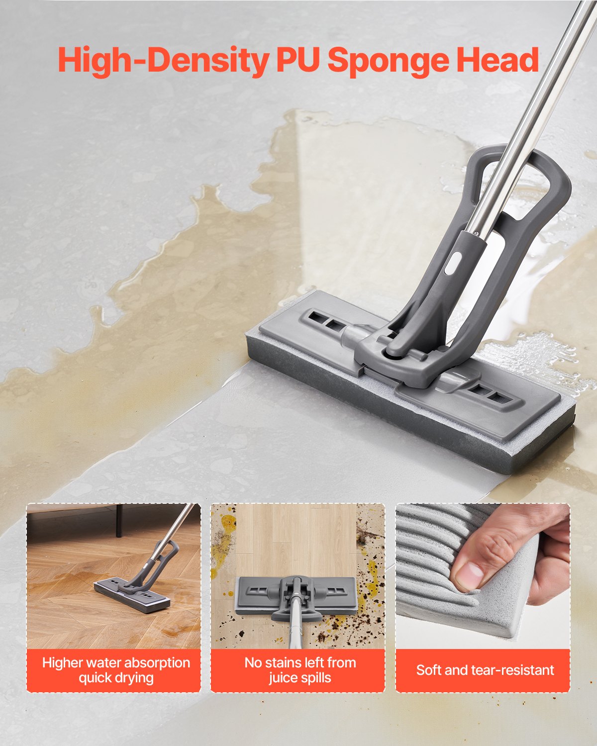 Sponge Mop, High-Density PU Sponge Mop with 1 Pcs Sponge Mop Replacement , Easy to Squeeze Sponge Mop with Hook & Loop for Head Change, Fit for Various Floors’ Cleaning