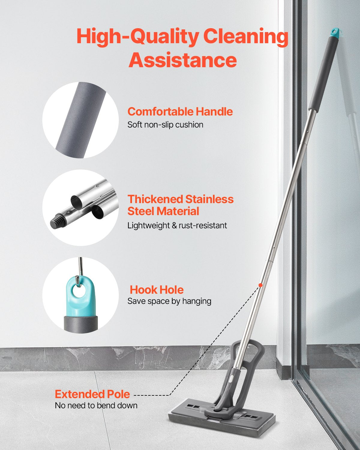 Sponge Mop, High-Density PU Sponge Mop with 1 Pcs Sponge Mop Replacement , Easy to Squeeze Sponge Mop with Hook & Loop for Head Change, Fit for Various Floors’ Cleaning