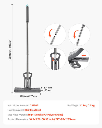 Sponge Mop, High-Density PU Sponge Mop with 1 Pcs Sponge Mop Replacement , Easy to Squeeze Sponge Mop with Hook & Loop for Head Change, Fit for Various Floors’ Cleaning