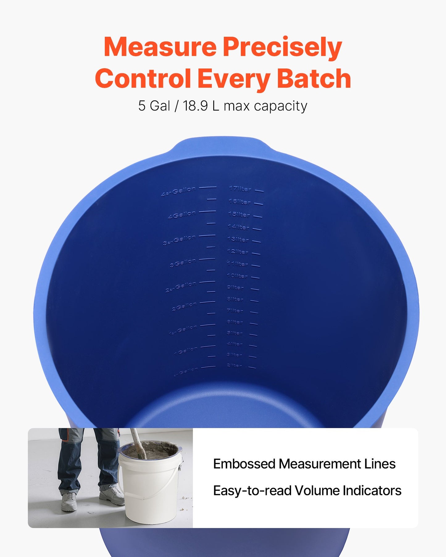 5 Gallon Bucket Liner for Concrete Mix, Reusable Silicone Mortar Bucket Liner for Thinset Paint Concrete Epoxy Mixing, Heavy-duty Grout Mixer Insert Tool with Graduated Measurements, Blue
