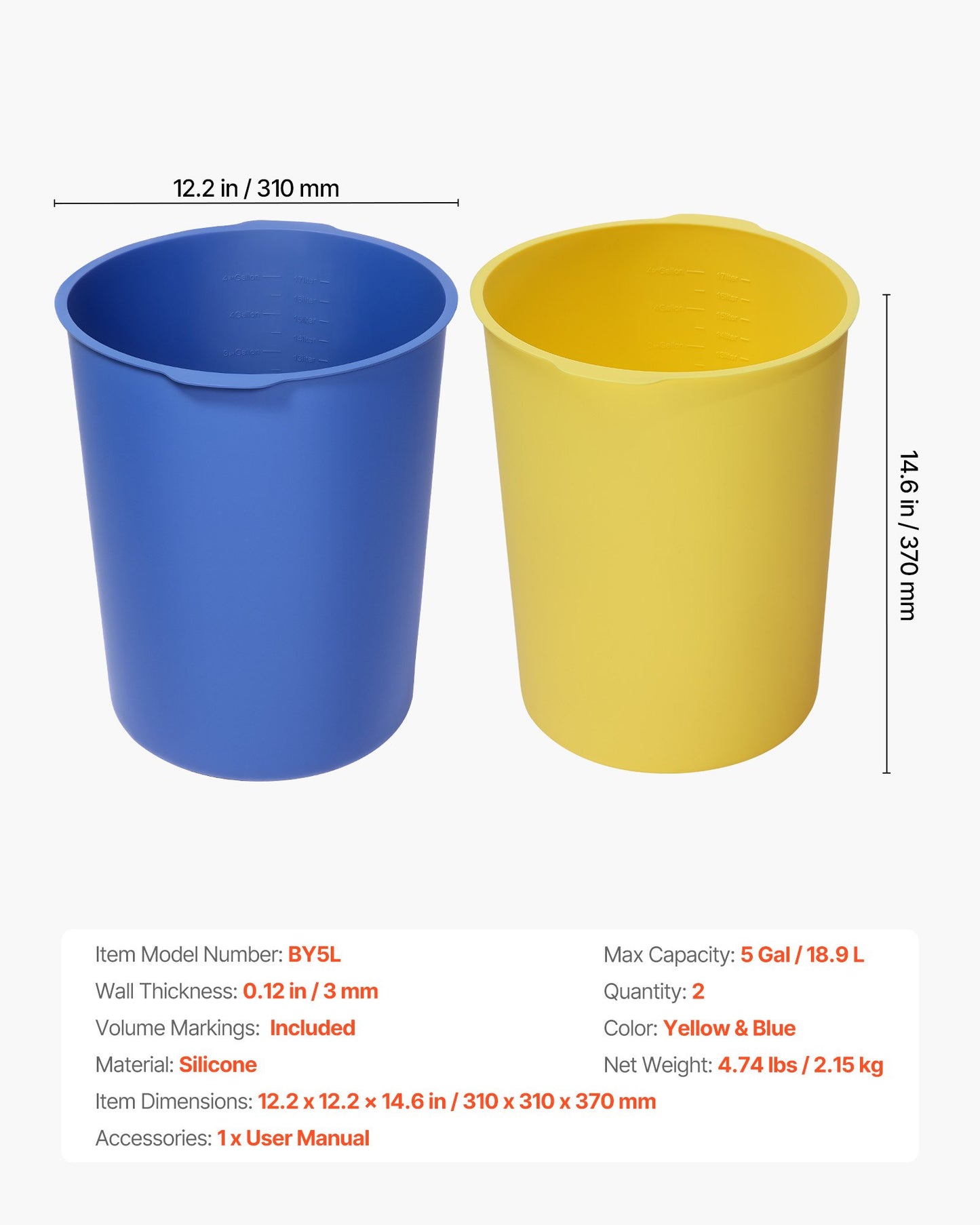 2 Pcs 5 Gallon Bucket Liner for Concrete Mix, Reusable Silicone Mortar Bucket Liner for Thinset Paint Concrete Epoxy Mixing, Heavy-duty Grout Mixer Insert with Measurements, Blue & Yellow