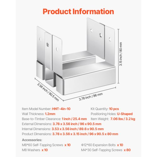 1er-Pack 4x4 Pfostenanker für Beton, Innenmaß 3,53x3,56 Zoll
