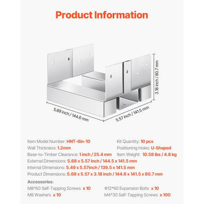 10 Stück 6x6 Pfostenanker für Beton, Innenmaß 5,49x5,57 Zoll