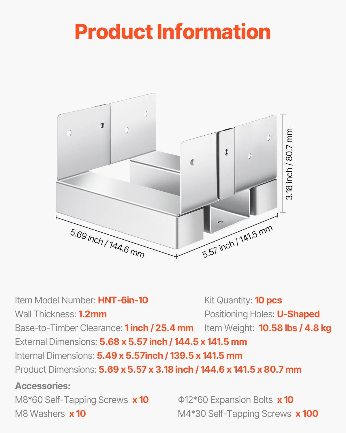 6x6 Post Base 10 Pcs, Inner Size 5.49x5.57inch/139.5x141.5mm Concrete Post Anchor, Heavy-Duty Zinc-Plated Carbon Steel Posts Brackets with 1 Inch Standoff Elevation, for Concrete Pergolas Patio
