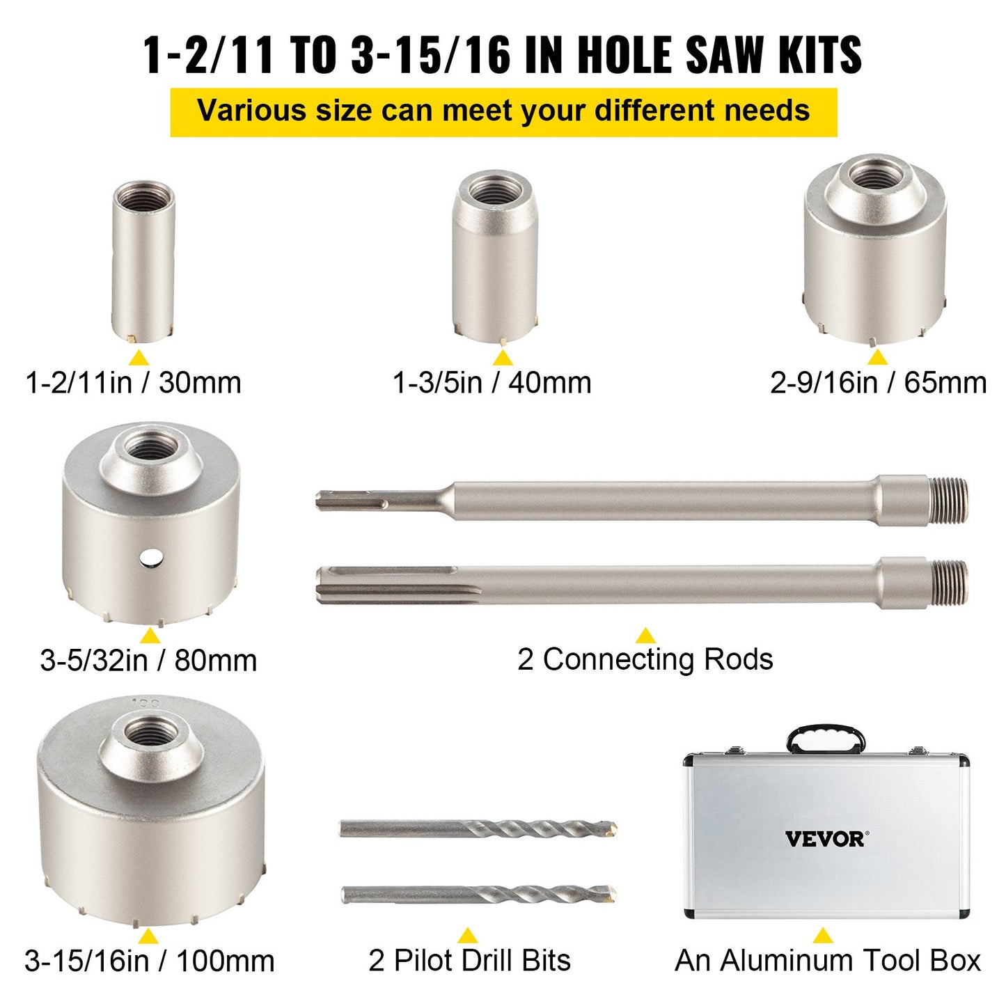 Concrete Hole Saw Kit, 30/40/65/80/100mm Drill Bit Set SDS Plus or SDS Max Shank Wall Hole Cutter with 11.8"/300mm Connecting Rod for Brick, Concrete, Cement, Stone Wall, Masonry, Tile