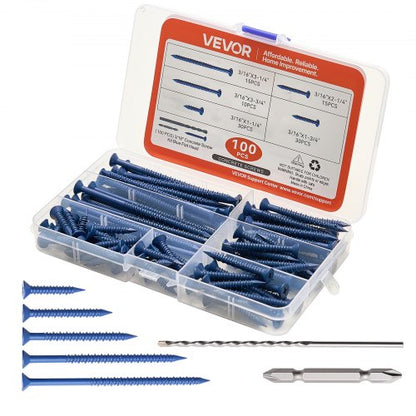 Concrete Screws, 3/16 inch, 100 PCS 5 Different Lengths, Phillips Head, Masonry Screws with Drill Bits, Carbon Steel with Blue Coating, for Anchoring to Concrete, Masonry, Block, Brick and Wood