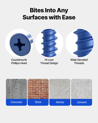 Concrete Screws, 3/16 inch, 100 PCS 5 Different Lengths, Phillips Head, Masonry Screws with Drill Bits, Carbon Steel with Blue Coating, for Anchoring to Concrete, Masonry, Block, Brick and Wood