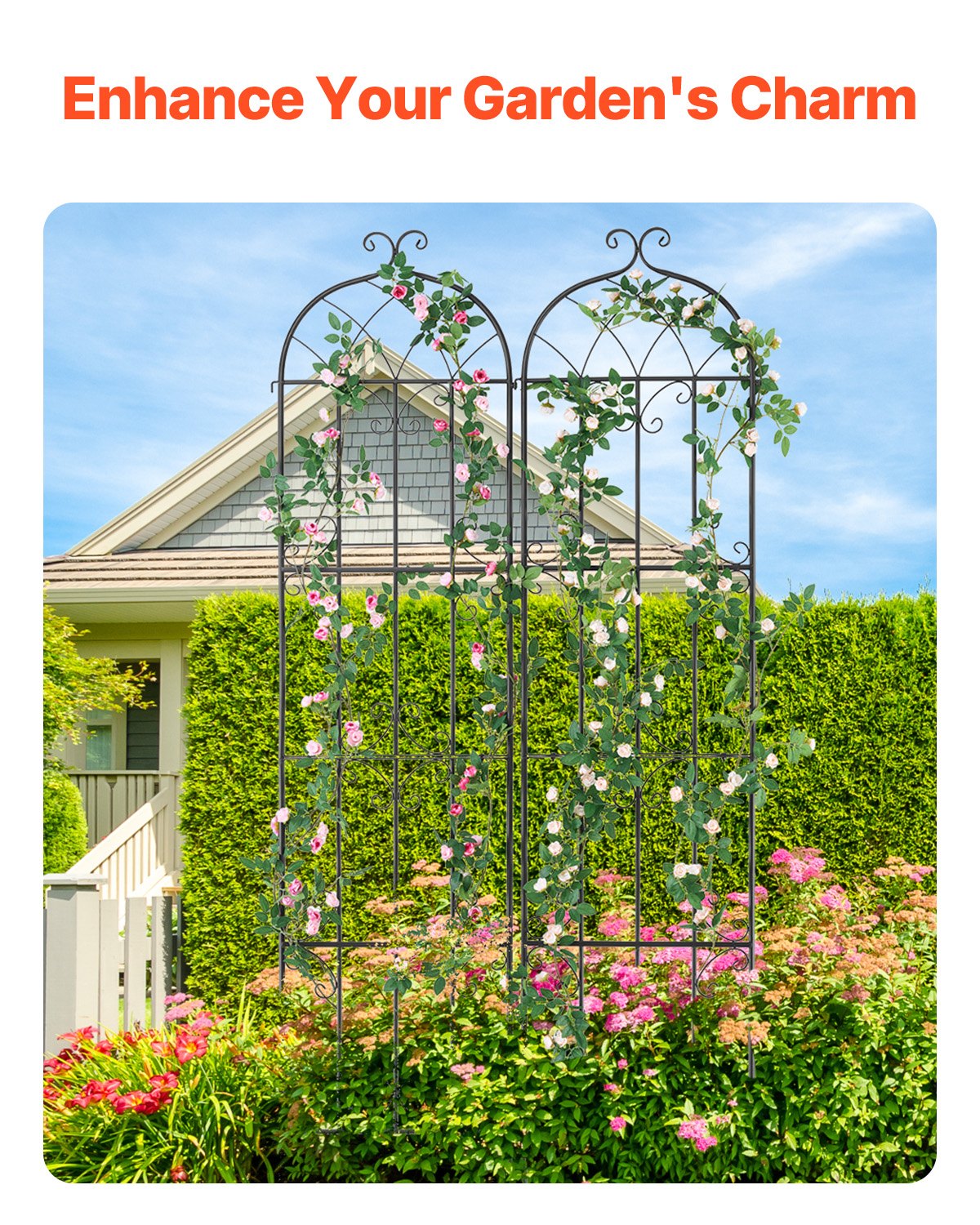 Garden Trellis for Climbing Plants, 87 x 20 in, 2 Packs Rustproof Metal Garden Flower Trellis, Outdoor Climbing Rose Trellis Cucumbers Support, Decorative Clematis Trellis for Courtyards Lawns