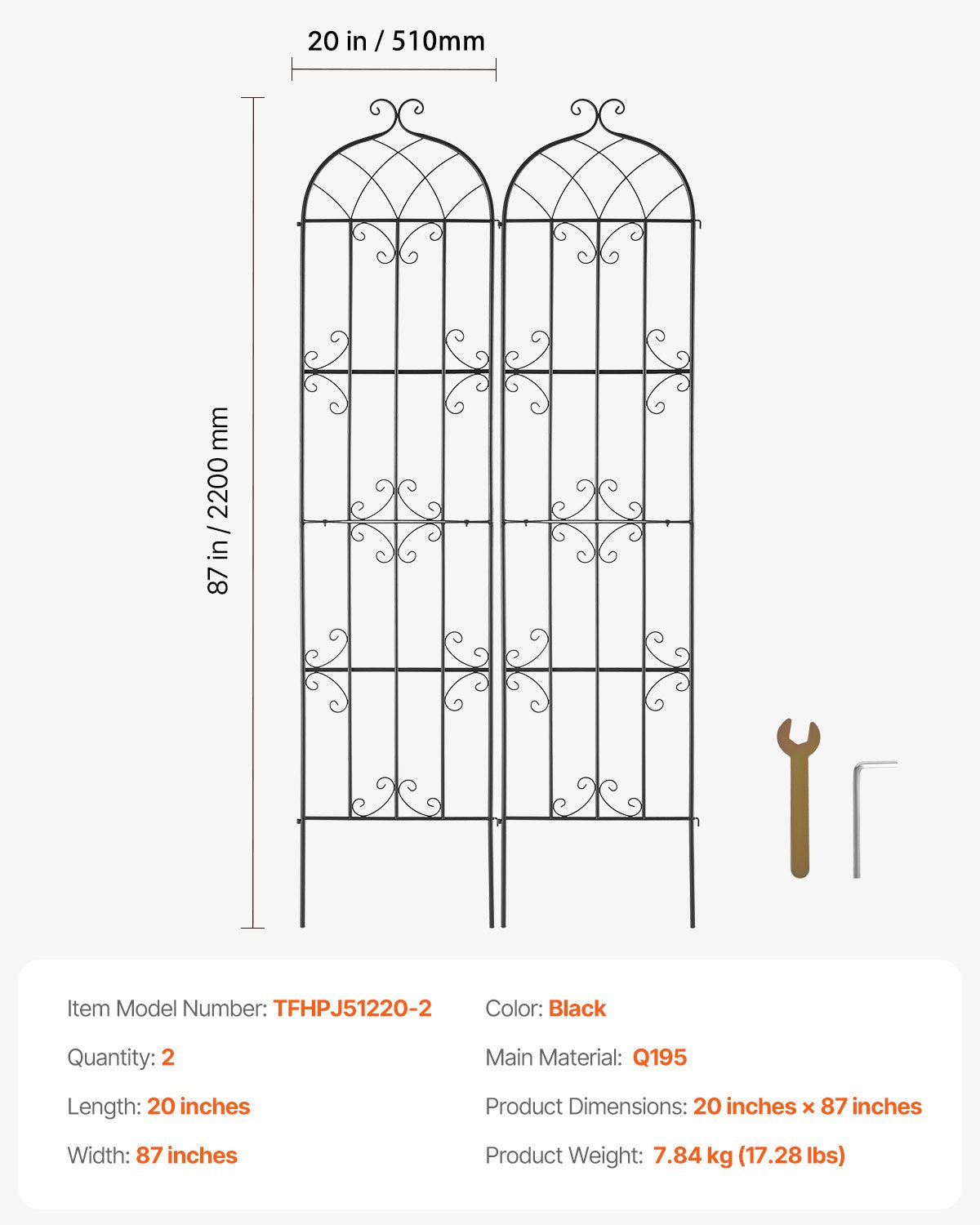 Garden Trellis for Climbing Plants, 87 x 20 in, 2 Packs Rustproof Metal Garden Flower Trellis, Outdoor Climbing Rose Trellis Cucumbers Support, Decorative Clematis Trellis for Courtyards Lawns