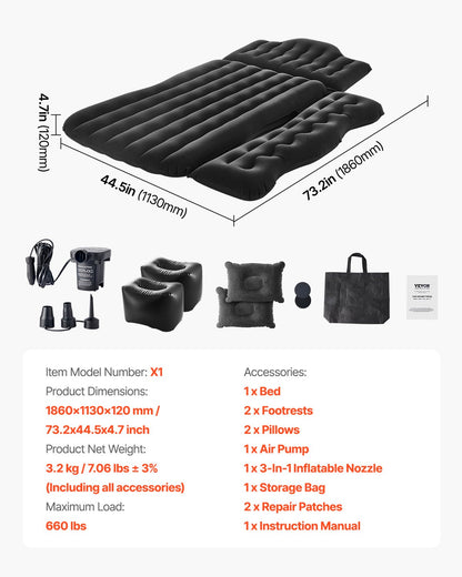 Car Air Mattress, Inflatable Back Seat Car Camping Mattress, Flocking Travel Beds, Durable Portable Sleeping Pad with Air Pump, 2 Pillows, Nozzle, Carry Bag, Fits Most SUV MPV Sedan, Black