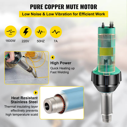 Deckenschweißgerät, 8-teiliges PVC-Schweißgerät, 1600-W-Heißluft-Kunststoffschweißgerät, 220-V-PVC-Heißluftpistole, Kunststoffschweißgerät mit Glimmerrohr-Heizkern, stufenlose Temperaturregelung 104-1112 °F Kunststoffschweißset