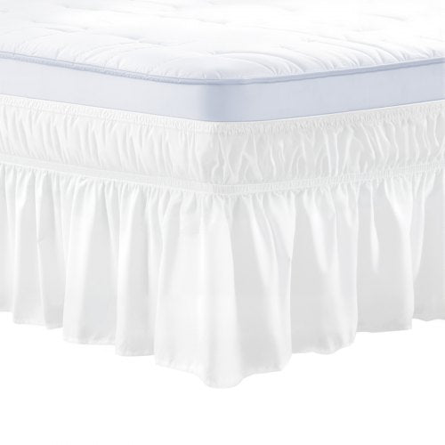 Wrap Around Bed Skirt, 15 in Drop, White Dust Ruffle Queen Size, Three Sides Adjustable Bedskirt with Easy Fit Elastic Strap, Wrinkle-Free & Fade-Resistant, Machine Washable, for Queen Size Bed