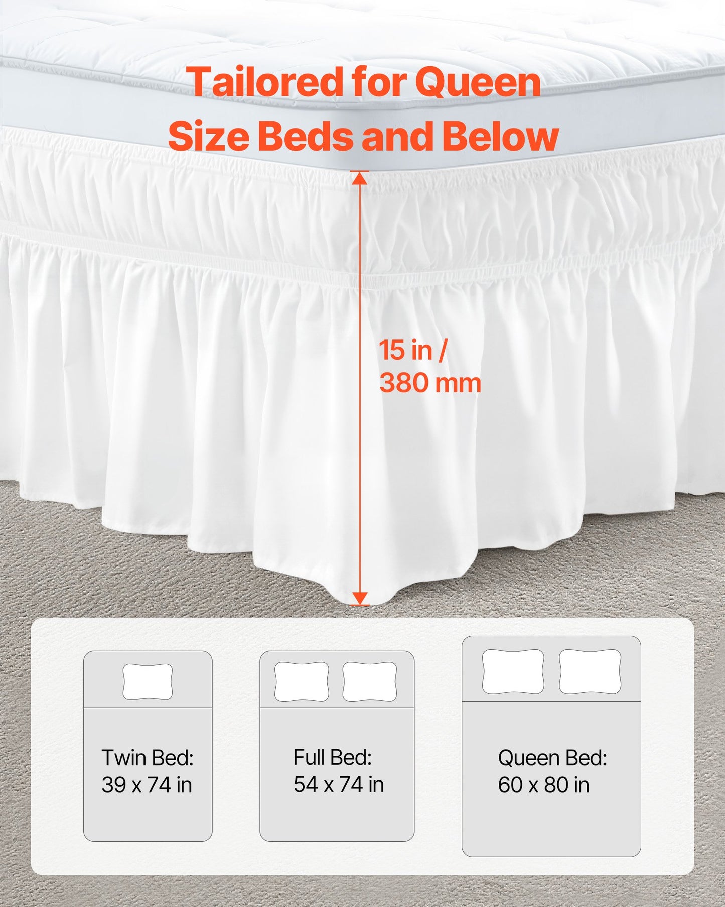 Wrap Around Bed Skirt, 15 in Drop, White Dust Ruffle Queen Size, Three Sides Adjustable Bedskirt with Easy Fit Elastic Strap, Wrinkle-Free & Fade-Resistant, Machine Washable, for Queen Size Bed